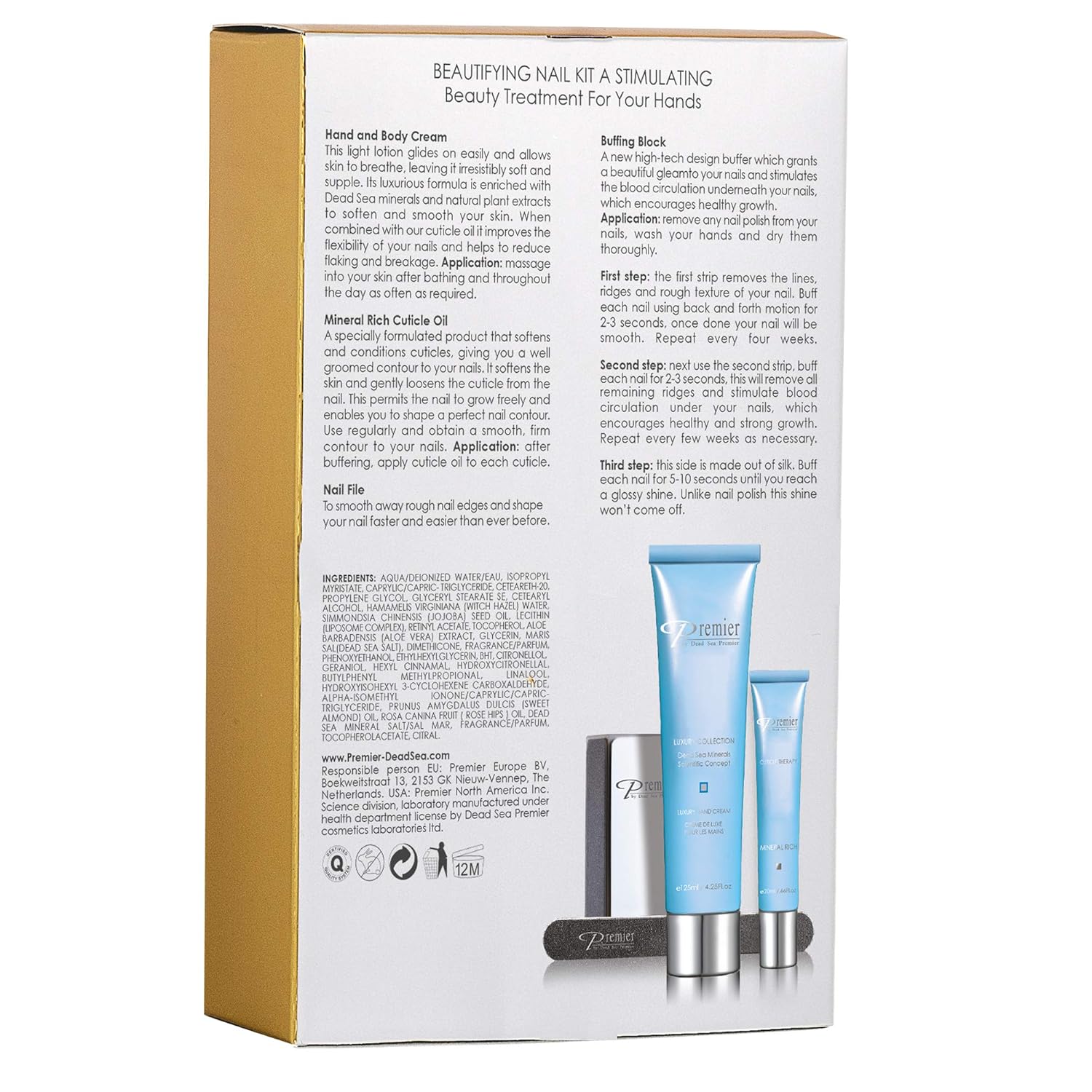 Dead Sea Premier Beautifying Nail Kit Milk and Honey - Salon Quality Manicure, hand & Body Lotion, Cuticle Oil, Nail File, 3 step Buffing Block